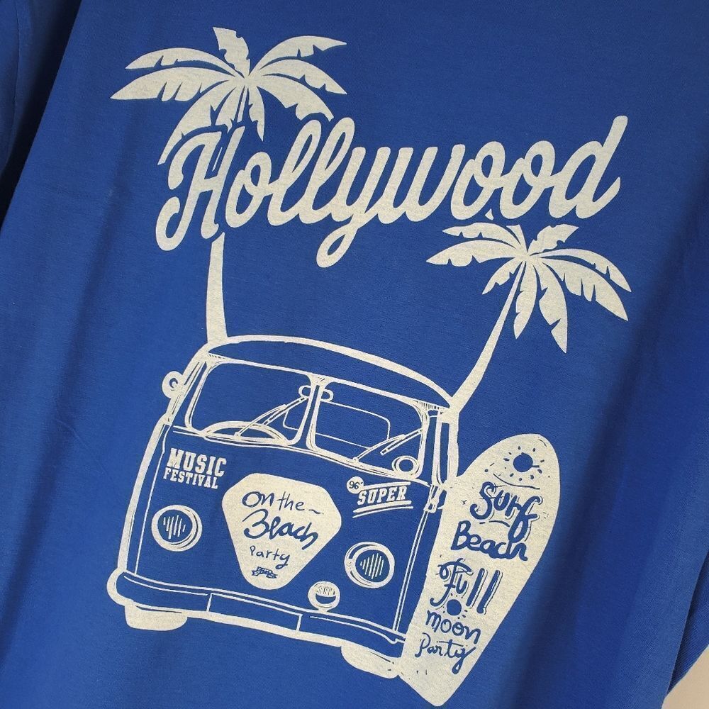 L HOLLYWOOD CALIFORNIA VW Volkswagon bus van surf SURFBOARD blue TSHIRT large - Picture 5 of 7
